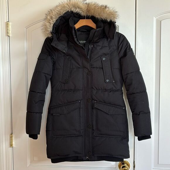 Noize Astrid Mid Length Black Parka Jacket Faux Fur Hood Coat Size Small - Picture 2 of 15